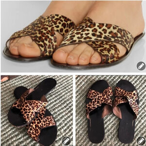 J Crew Cyrus leopard calf hair crossover sandals